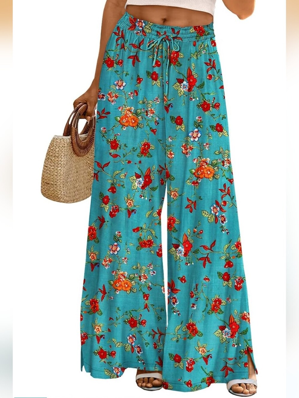 Women’s Teal Floral Wide-Leg Palazzo Pants with Drawstring Waist